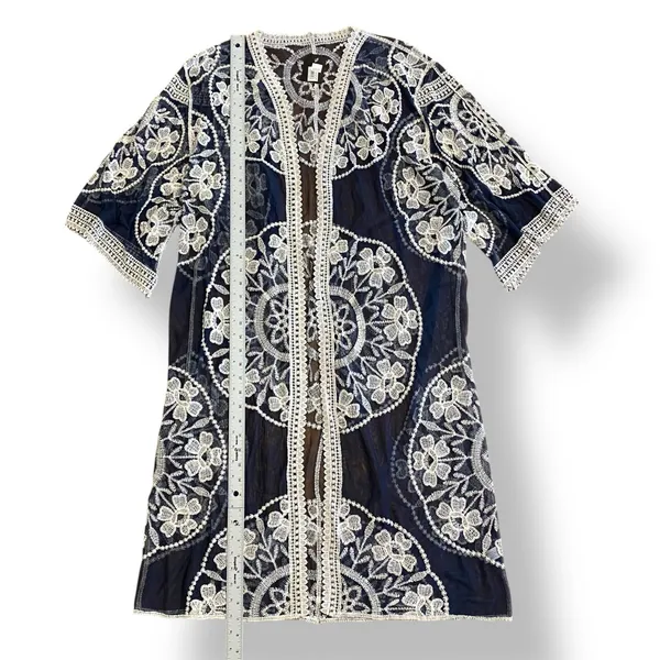 Janice Apparel NWT Vintage Style Navy Blue‎ Embroidered Lace Kimono OS Boho - Image 4