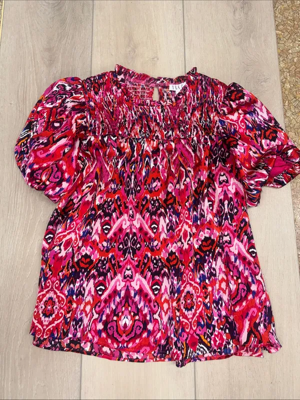 TCEC Pink Ikat Smocked Puff Sleeve Top - Image 3