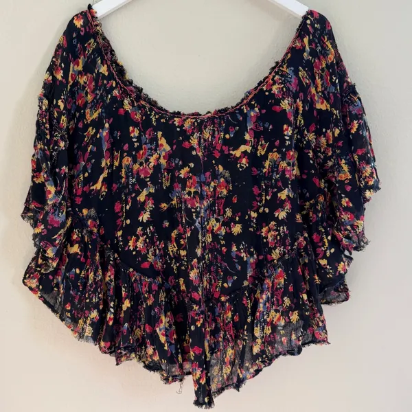 Free People Floral Gauze Cotton‎ Boho Peasant Top Oversized Ruffle Raw Sz Medium - Image 2