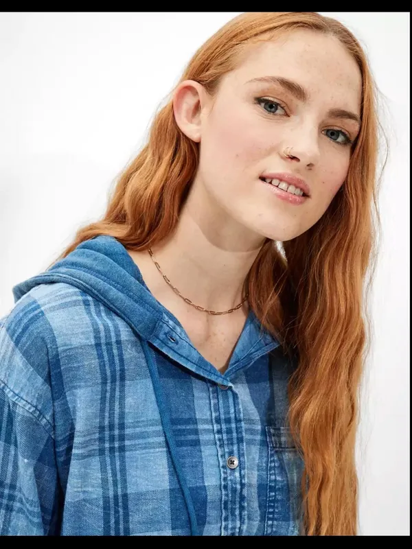 American Eagle AE Cropped Hooded Flannel Shirt in blue S - Image 3