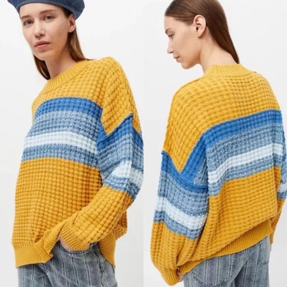 Urban Outfitters BDG Max Oversized Waffle Knit Sweater Yellow - Image 2
