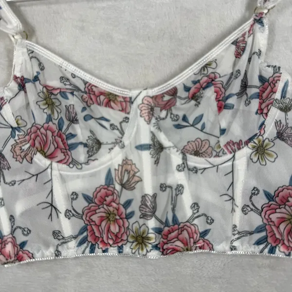 Floral Mesh Corset Top White Pink‎ Bustier Sweetheart Neckline Boning Size M - Image 2