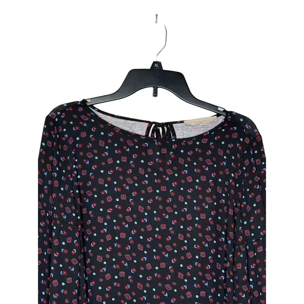 LOFT Women's Top Floral Knit Long Bell Sleeve Pleated Round Neck‎ Blouse Small - Image 5