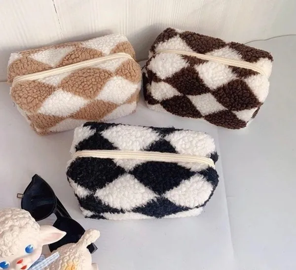 Black Checkered Plush Cosmetic Makeup Bag - Image 4
