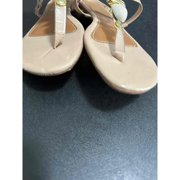 Isa Belly Beige T Strap Flat Wedge Sandals Women Size 7‎ Gold Accents Brazil - Image 2