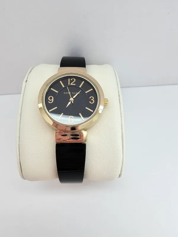 Anne Klein AK/2476 Black Resin Bangle Watch Gold Tone Round Face with Box - Image 2