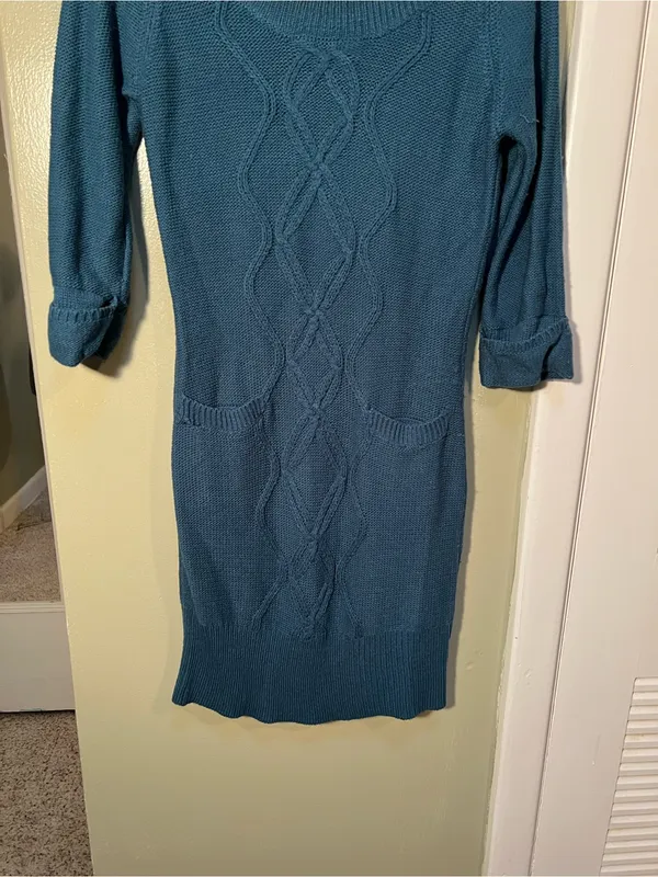 Pink Rose Women’s Size Medium Cowl Neck Sweater Dress Turquoise Green Blue Cable - Image 3