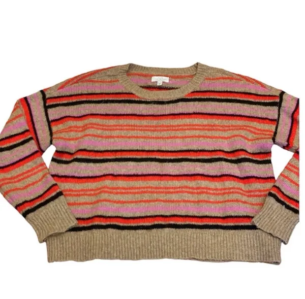 Lucky Multicolored Striped Tan Sweater Pink Red XL Relaxed Fit Oversized - Image 2