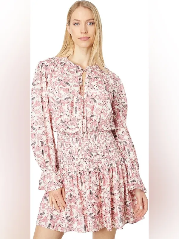 Tie-Neck Smocked Waist Mini Dress Pink Floral Size Medium‎ - Image 11