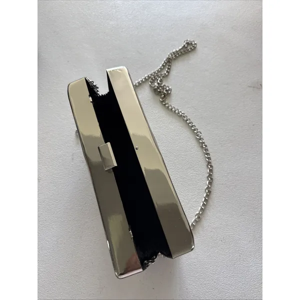 AKIRA Lead The Way Shiny Silver Metal Box Clutch Bag with Chain Strap - Image 2