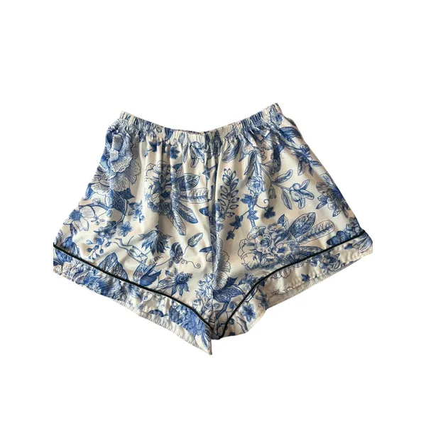 Blue White Floral Pajama Set Medium Button Front Shorts Lounge Sleepwear - Image 4