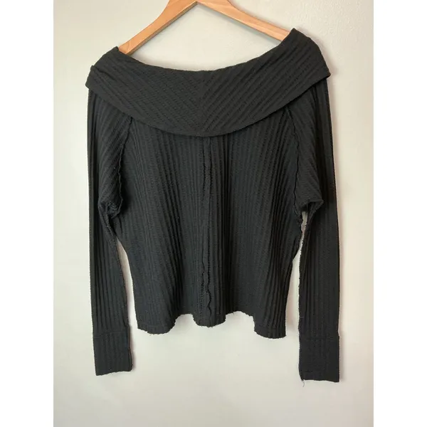 We The Free Free People Black Waffle Knit Cowl Neck Thermal Top XS - Image 4