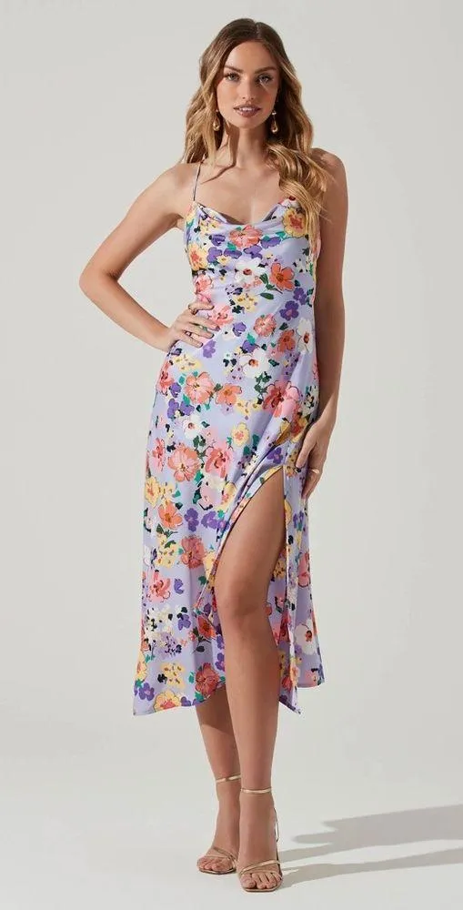 ASTR Gaia Draped Collar Satin Midi Dress in Periwinkle Floral Size Small NWT - Image 2