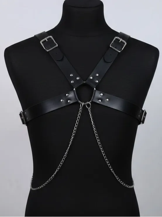 Black Leatherette Harness with Silver Chain Accent New - Image 2