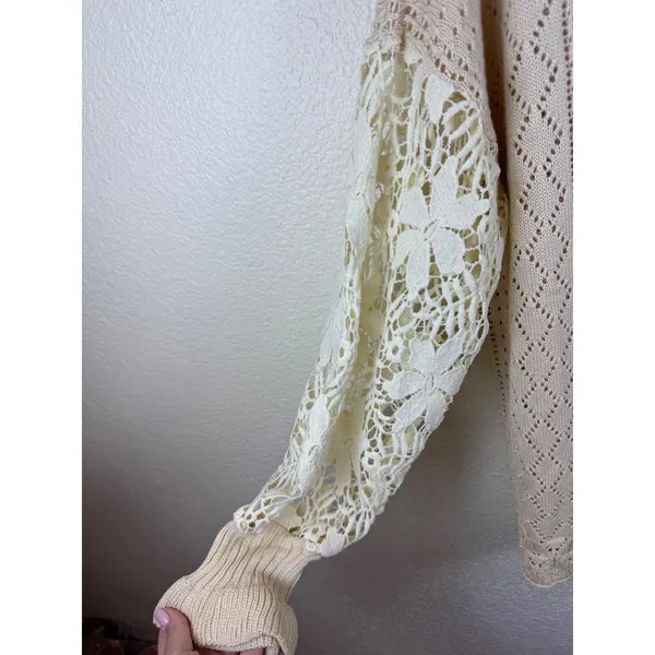 Lace Crochet Long Sleeve Hollow Out Knit‎ Sweater Pullover Top Pointelle L Boho - Image 3