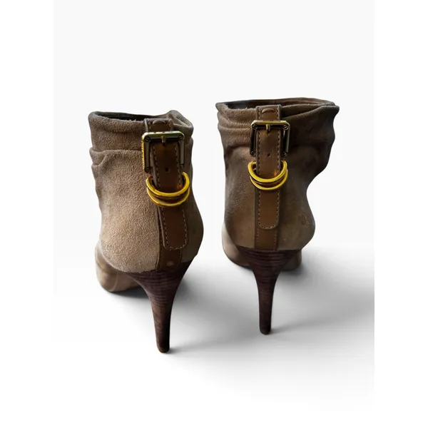 Tory Burch 8.5 Suede Ankle Boots Tan Slouchy Stiletto Gold Buckle Booties - Image 3