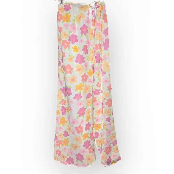 Floral Maxi Skirt High Slit Beach Coverup Sarong Flowy Gold Hoop - Image 3