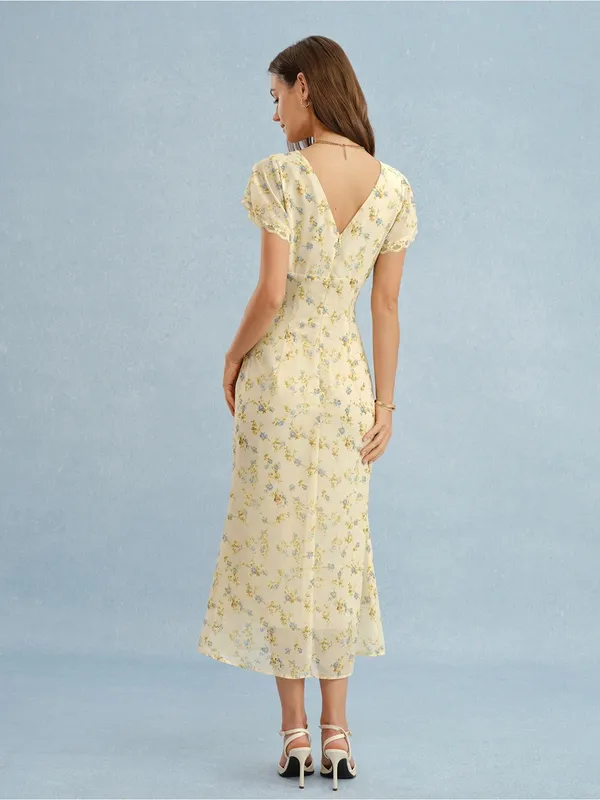 Rihoas Yellow V Neck Lace Floral Maxi Dress - Image 6