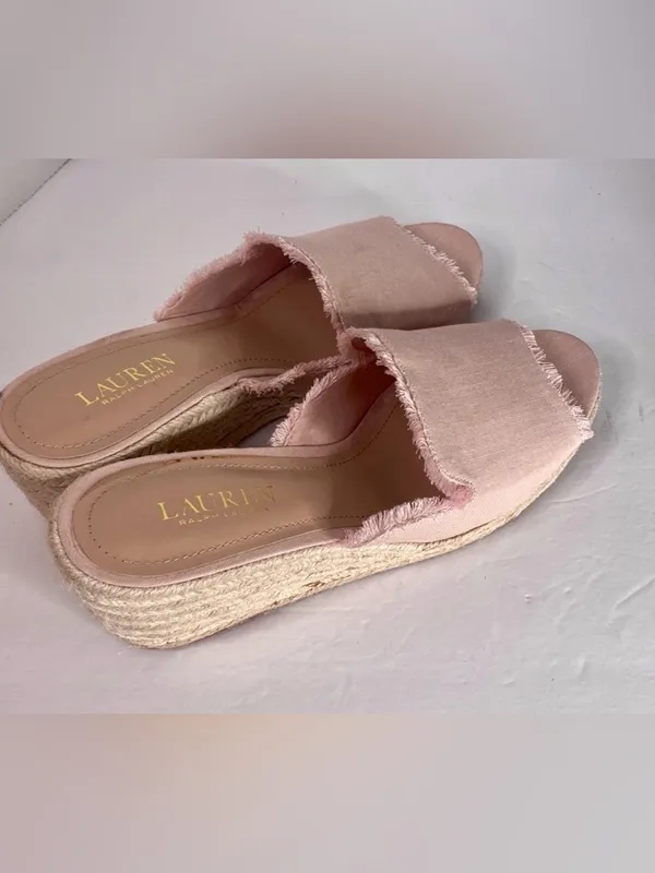 LAUREN RALPH LAUREN Wedges sz9.5 Pink Satin Fringe Espadrille Classy - Image 4