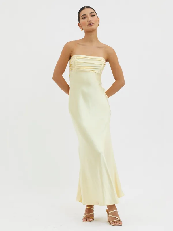 $115 NWT Selfie Leslie Moon Song Strapless Laced Back Dress Butter Yellow M - Image 9