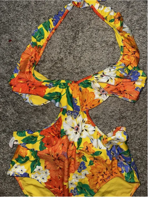 Aerie Yellow Floral Monokini Floral Ruffle Halter One Piece Swimsuit Large - Image 7