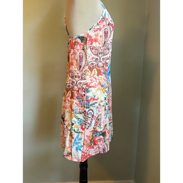 Boho Floral Paisley Patchwork Halter Mini Dress Multi whimsi cottage fairy retro - Image 3