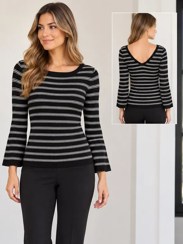 White‎ House Black Market Convertible Stripe Sweater Black White Large Office - Image 2