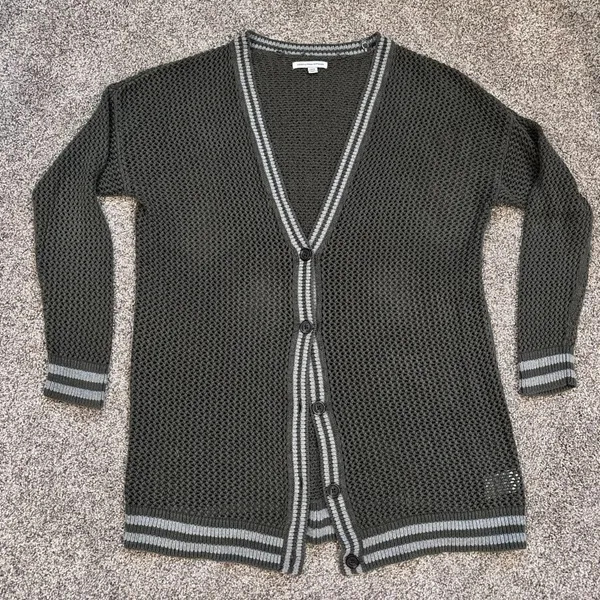 American Eagle Women's Green Open Knit Varsity Button Long Cardigan - Image 8