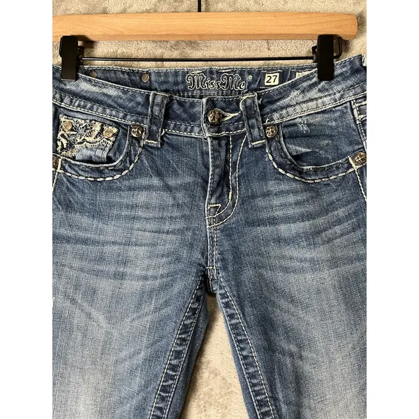 Miss Me Jeans Skinny Embellished Distressed Medium Wash Denim Buckle Y2K Size 27 - Image 4