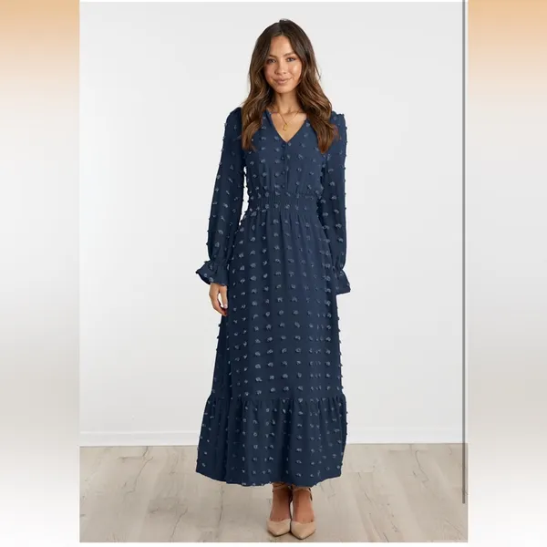 NWT MASCOMODA Navy Swiss Dot Maxi Dress Smocked Waist V-Neck Tiered Size Large - Image 5
