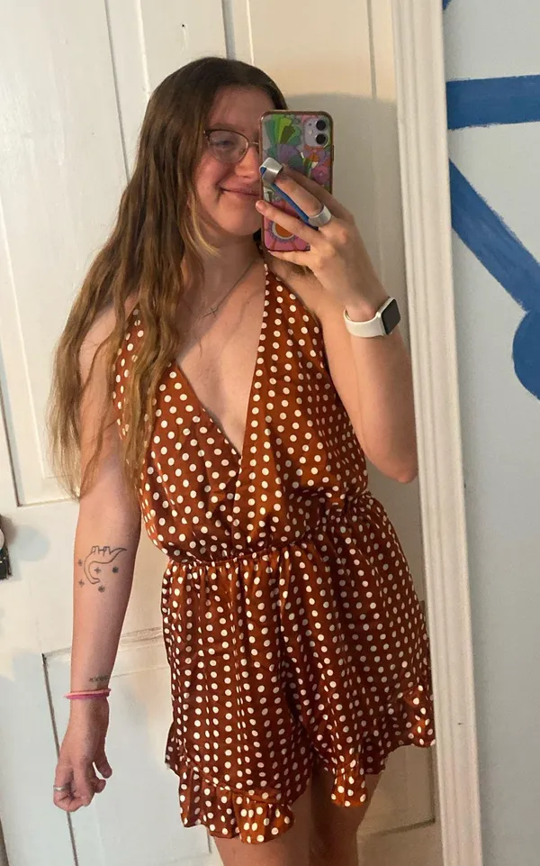 polka dot halter neck romper play suit in burnt orange - Image 3