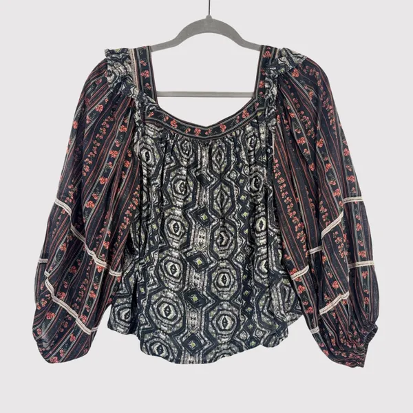 Free People Womens Top Gray Mostly Meadow Blouse Aztec Babydoll Boho Medium - Image 3
