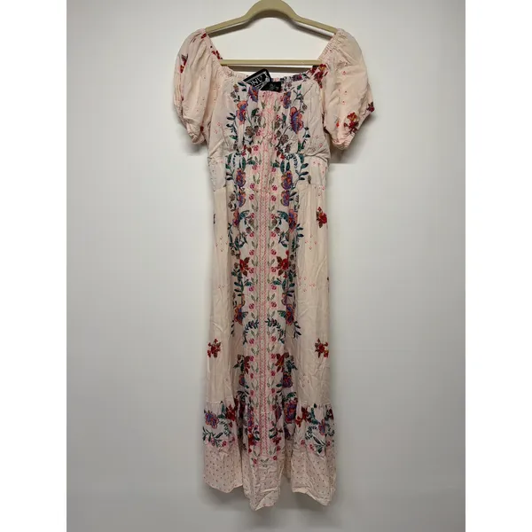 Angie Boho Floral Puff Sleeve Prairie Maxi Dress Cottagecore Cream Pink Medium - Image 2