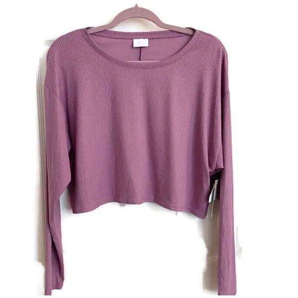 NEW Abound 𝅺RIBBED Cropped boxy tee top Long Sleeve Purple MEDIUM - Image 2