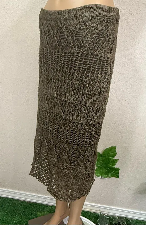 Olive Crochet Fringe Skirt Tan Size L - Image 5