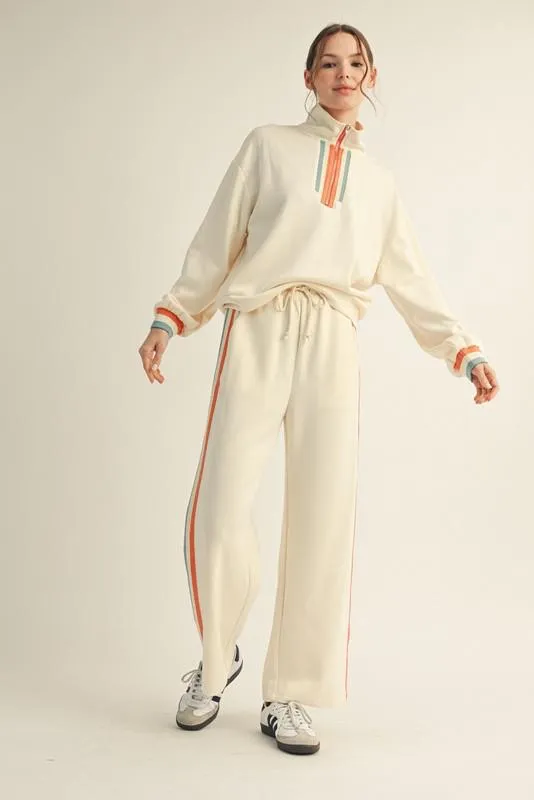 JODIFL Striped Detail Quarter-Zip Pullover and Straight Leg Sweatpants Matching Set Cream Multi - Image 2