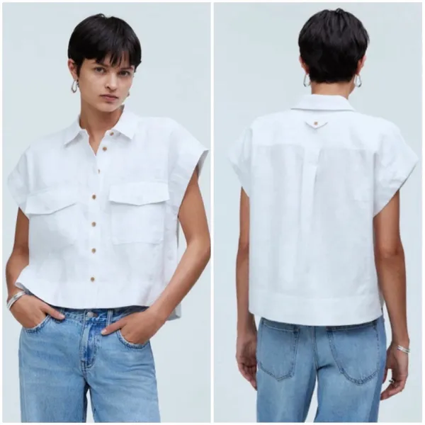 Madewell Womens Flap-Pocket Button Up Linen Shirt S Eyelet White Quiet Luxury - Image 2