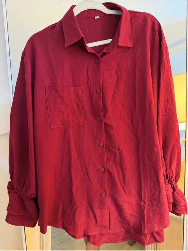 NEW Oversize Button Down Shirt Smocked Boyfriend Long Sleeve Ruffle Blouse L - Image 4