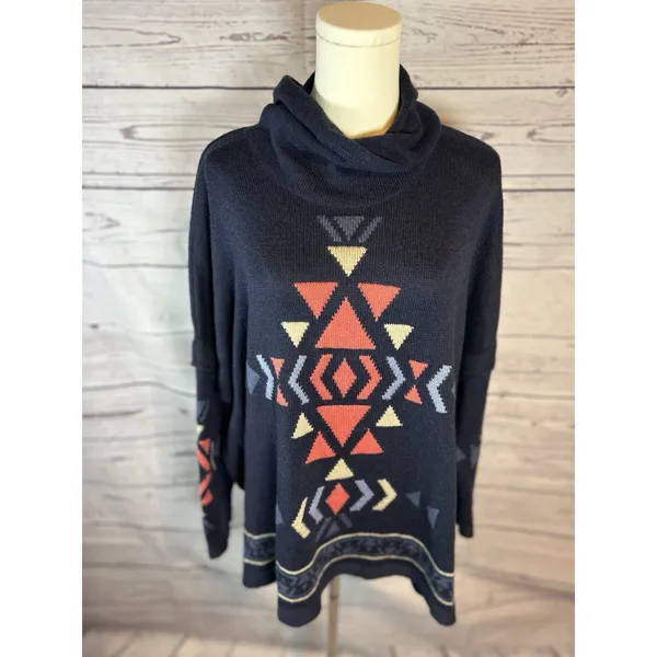 J. Jill oversized poncho style Aztec navy blue turtleneck sweater MP lovely!! - Image 2