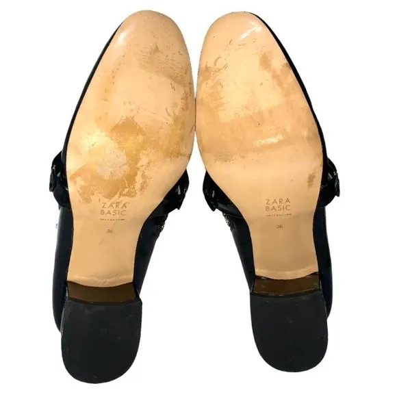 Zara Womens Black & Gold Patent Leather Almond Toe Chunky Block Heel Ankle Boots - Image 7