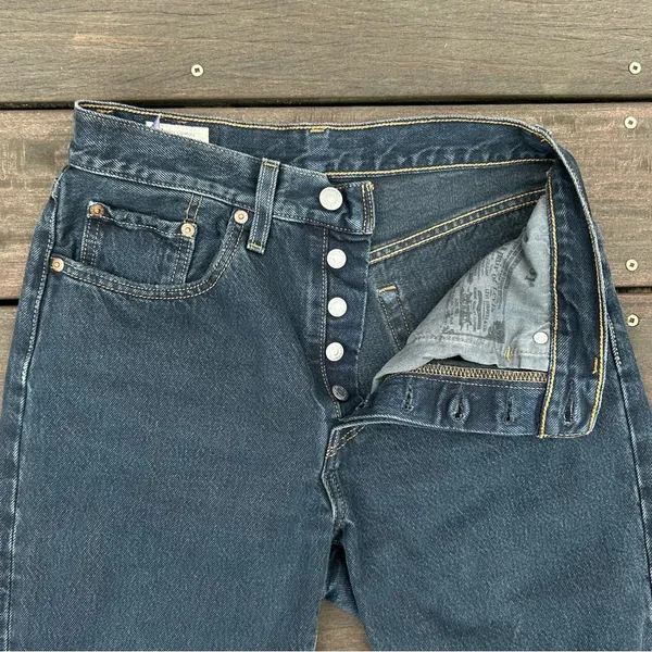 Levi's Straight Leg 501 Dark Wash Blue Denim Jeans w/ Distressed Knees - Image 8