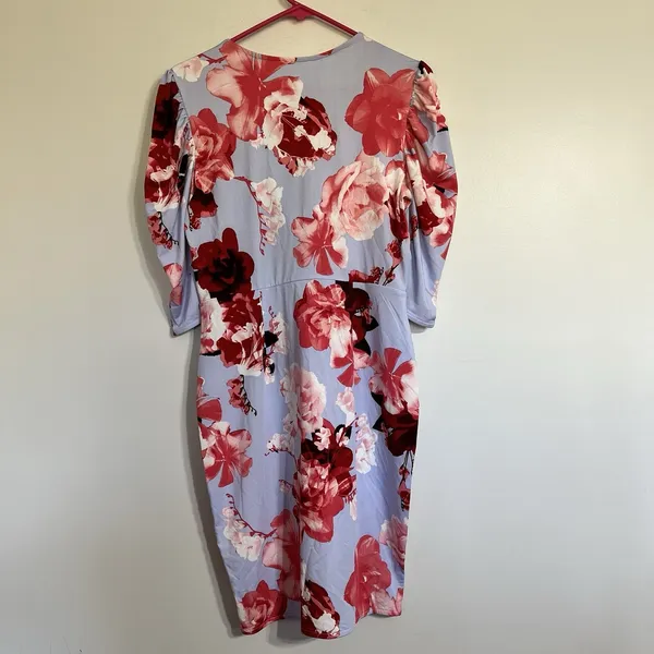 Venus Light Blue Floral Short Puff Sleeve‎ Grommet Cutout Faux Wrap Dress Size M - Image 2