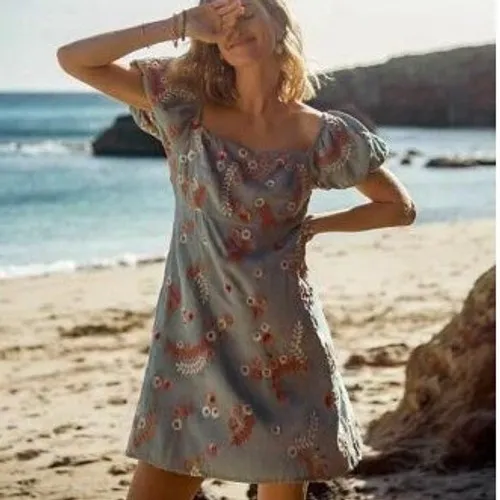 Let Me Be Anthropologie Laurel Floral Embroidered Mini Dress Blue Puff Sleeve XS - Image 2