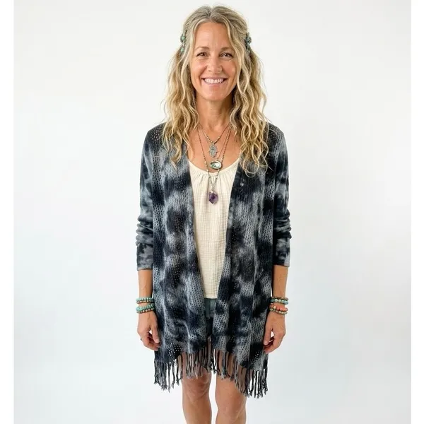 XCVI Women's L Cotton Fringe Open Crochet Knit Cardigan Sweater Bleached Tie Dye - Image 14