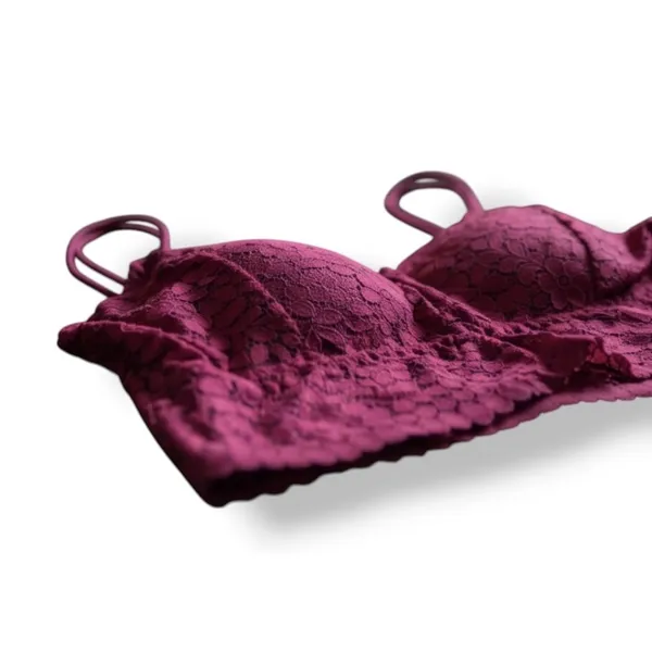 Maroon Floral Lace Bralette Crop Top Double Spaghetti Strap V-Neck Scalloped - Image 5