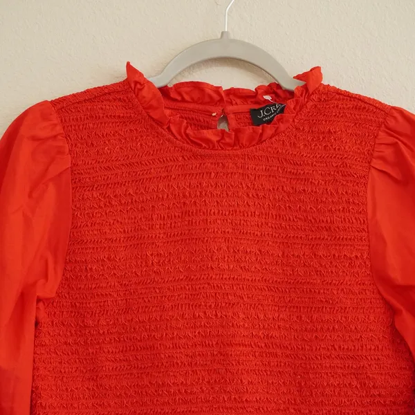 J. Crew Small Smocked Top Bright Red Puff Sleeve Ruffle Neck Organic Cotton - Image 2