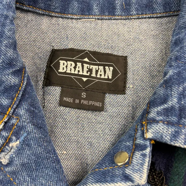 90s Vintage Jean Jacket Denim Trucker Jacket Western Plaid Wool Small - Image 9