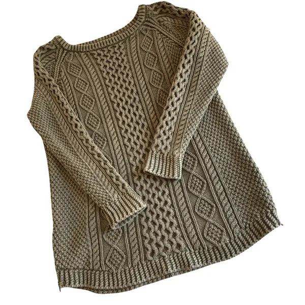 LL Bean Signature Sweater Womens Size L Green Cable Knit Fisherman 100% Cotton - Image 2