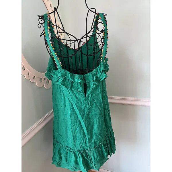 BLUE RAIN green‎ swiss dot sundress Large rainbow pom pom ruffle dress NWT - Image 2
