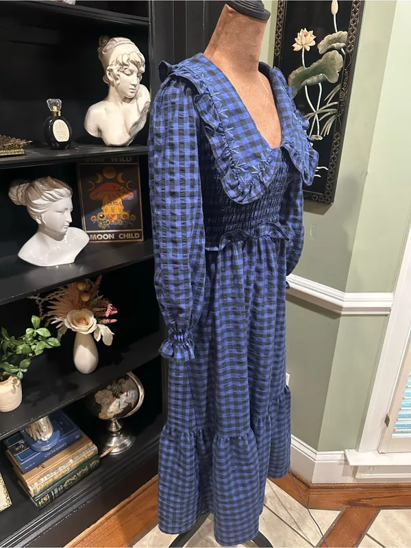 MANGO Blue & Black Gingham Smocked Babydoll Dress – Size 2 - Image 14